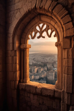 medieval window frame overlooking a sunset city.