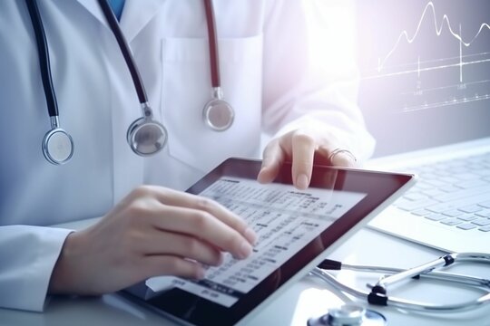 Male doctor using tablet computer in clinic, doctor with stethoscope on blurred hospital background. student education, CPR, 911 life save, physician make cardiac physical, pulse 