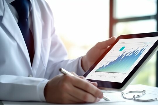Male doctor using tablet computer in clinic, doctor with stethoscope on blurred hospital background. student education, CPR, 911 life save, physician make cardiac physical, pulse 