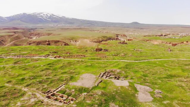 Aerial view medieval armenian city Ani ruins in Turkey, Kars. Archeological site of medieval armenian city