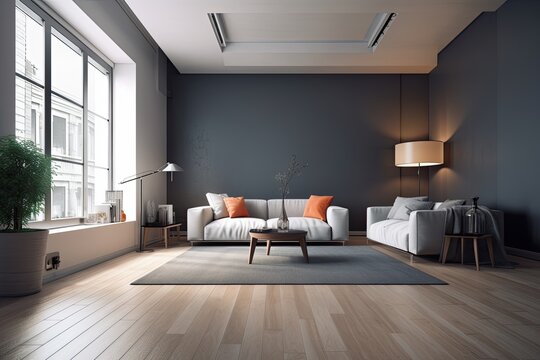 Apartment rooms with a dark gray wall, a wooden parquet floor, and a white sofa. planning a design. Generative AI