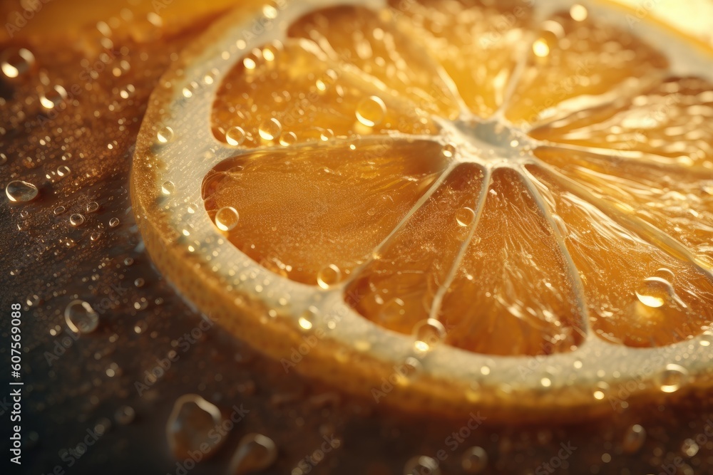 Poster close-up view of a freshly sliced orange on a wooden table generative ai