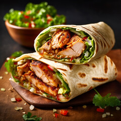 Delicious grilled chicken wrap with bold spices and flying ingredients, ready to eat, generative AI