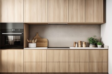 Fototapeta na wymiar Banner on the minimalist kitchen's wooden cabinet doors in the panoramic area. With a stove and sink, the grey granite niche. a notion for a contemporary home design. Generative AI