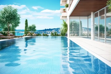 Fototapeta na wymiar stock photo of swimming pool on the apartment lake view photography Generative AI