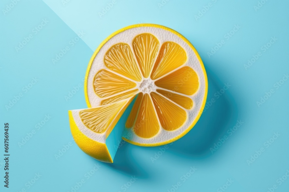 Poster stylish sunshine summer with a yellow lemon slice on a light blue backdrop. summer theme in a nutshe