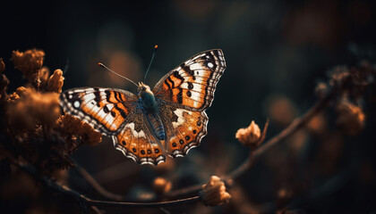 Fototapeta na wymiar Spotted butterfly pollinates yellow flower in springtime generated by AI