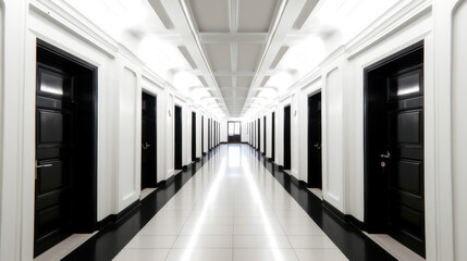 Obraz premium A white corridor, long, symmetrical, and lined with identical Black doors. A harmony of abstract and architectural style emerges, boldly timeless. Generative AI 