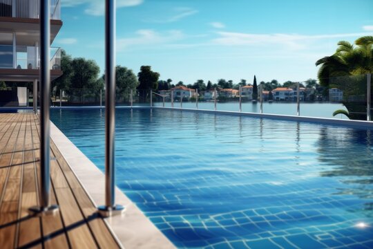 stock photo of swimming pool on the apartment lake view photography Generative AI