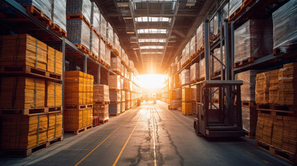 Fototapeta premium Warehouse with High Shelves Filled with Goods Stored on Pallets Generative AI