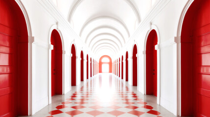 Fototapeta premium A white corridor, long, symmetrical, and lined with identical red doors. A harmony of abstract and architectural style emerges, boldly timeless. Generative AI
