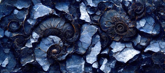 Fossilized ammonite sea shell spirals embedded into dark cobalt blue slate rock. Prehistoric layered and ridged stone texture with detailed surface patterns - generative ai