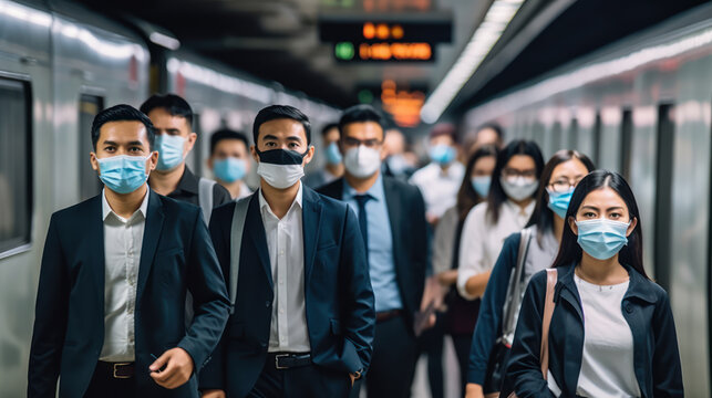 Asian People Wearing Masks on Train Station Platform Amid Pandemic Generative AI