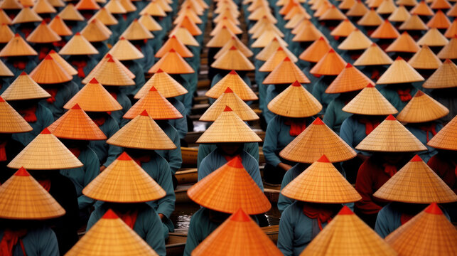 Asian Monks in Straw Conical Hats Perfectly Aligned in Formation Generative AI