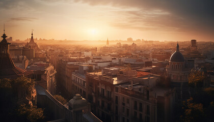 Fototapeta na wymiar Silhouette of city skyline, backlit by sunset generated by AI