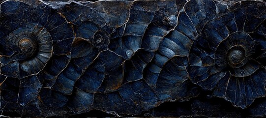 Fossilized ammonite sea shell spirals embedded into dark cobalt blue slate rock. Prehistoric layered and ridged stone texture with detailed surface patterns - generative ai