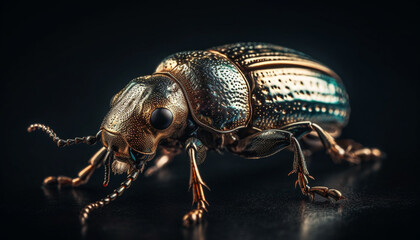 Metallic weevil crawling on black background, generated by AI