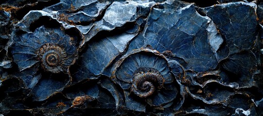 Fossilized ammonite sea shell spirals embedded into dark cobalt blue slate rock. Prehistoric layered and ridged stone texture with detailed surface patterns - generative ai