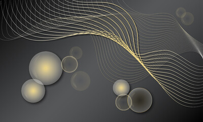 Black abstract background with circles and golden waves