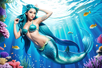 Obraz na płótnie Canvas Little mermaid illustration under water