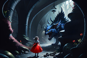 Obraz premium Little Red Riding Hood and wolf in forest illustration