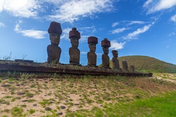 Row of Moai Sculptures at Anakena Beach, Famous UNESCO World Heritage Site on Easter Island, Rapa Nui Chile