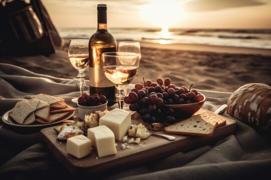 Sunset Serenity: Idyllic Beach Picnic with White Wine in the Summer