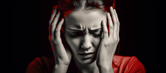 Portrait of beautiful stressed woman. Young woman suffering from headache desperate and stressed because pain and migraine. Hands on head. digital ai