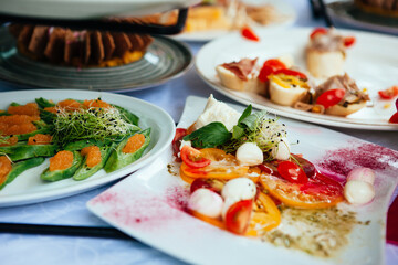 Arabic Cuisine: Middle Eastern traditional lunch. It's also Ramadan Iftar. The meal eaten by Muslims after sunset during Ramadan. Assorted of Arabic oriental dishes. top view with close up.
