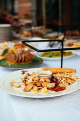 Arabic Cuisine: Middle Eastern traditional lunch. It's also Ramadan Iftar. The meal eaten by Muslims after sunset during Ramadan. Assorted of Arabic oriental dishes. top view with close up.