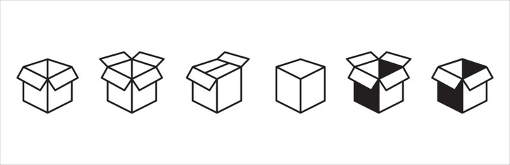 Shipping box icon set. Empty open and close box for delivery packaging icons. Cardboard box vector stock illustration.