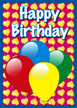 vector birthday card with balloons and hearts