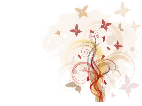 Grunge background with floral ornament and butterfiles