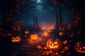 halloween pumpkin in the forest generative ai technology