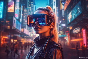 Fototapeta na wymiar A woman wearing a vr headset in front of a cityscape, ai generated