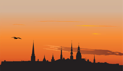 Vector illustration of Old Riga panorama silhouette in sunrise - obrazy, fototapety, plakaty