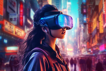 A woman wearing a vr headset in front of a cityscape, ai generated