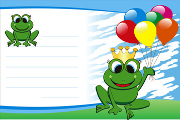 vector birthday card with frog and balloons