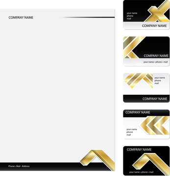 Set of five golden business cards and stationery sheet