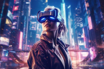A woman wearing a vr headset in front of a cityscape, ai generated