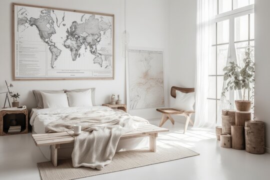 actual snapshot of a vertical white bedroom interior with natural materials and a map on the wall. Generative AI