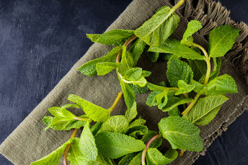 Fresh green mint on a linen napkin. Mint leaves on a dark background. Top view © Lazarenko O.