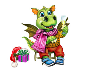 Fototapeta premium funny Dragon with a glass of champagne