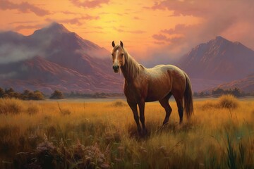 Painting powerful horses among sunset meadows.