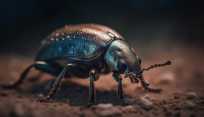 Shiny weevil crawls on green leaf outdoors generated by AI