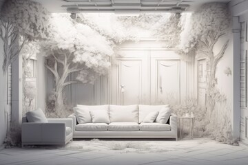 Architect interior designer concept living room with sofa, molded plaster wall, hand drawn draft incomplete idea that becomes true. Copy space Relax idea for an interior design concept. Generative AI