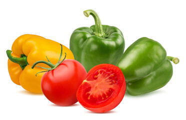Green and yellow peppers  bell with tomatoes isolated on white background with clipping path