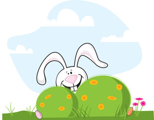Cartoon vector easter bunny hiding behind a bush