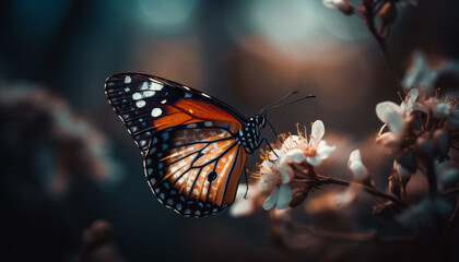 Fototapeta na wymiar Vibrant monarch butterfly pollinates flower outdoors generated by AI