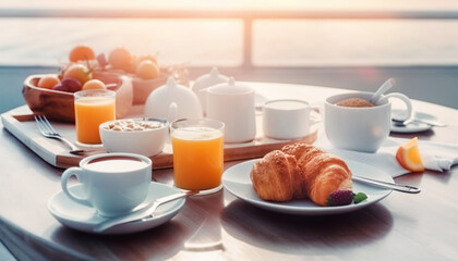 Fototapeta na wymiar Breakfast or lunch onboard luxury yacht. Created with generative Ai